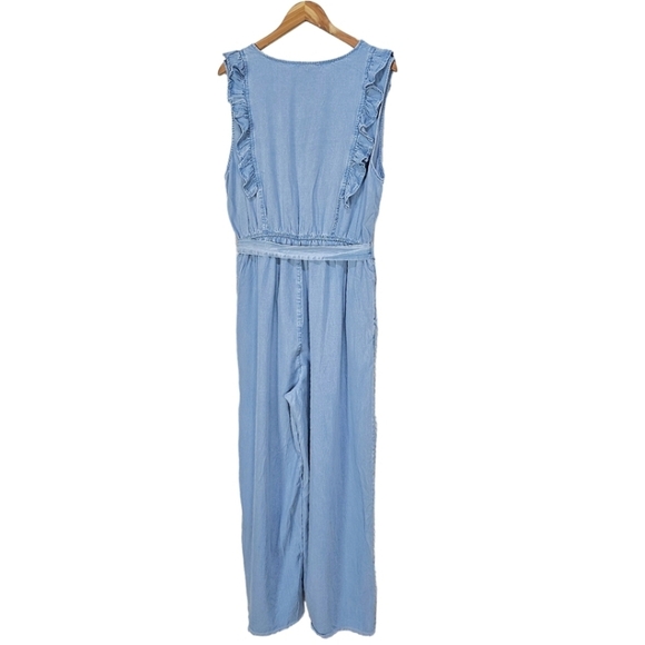 NWT Hayden Blue Tencel Buttoned Ruffle Tank Frayed Wide Leg Belted Jumpsuit - Picture 6 of 15